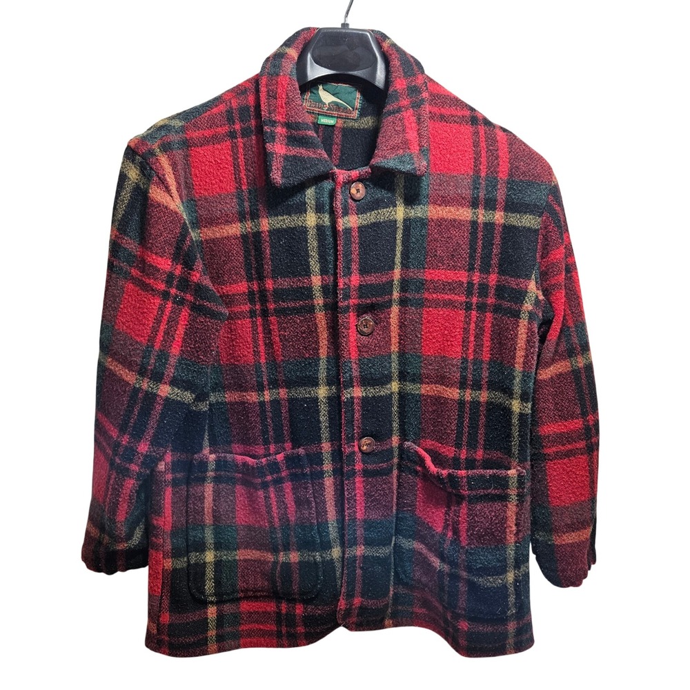 Field Stream Plaid Wool Blend Jacket Medium Red Black Vintage Made in USA 44781M